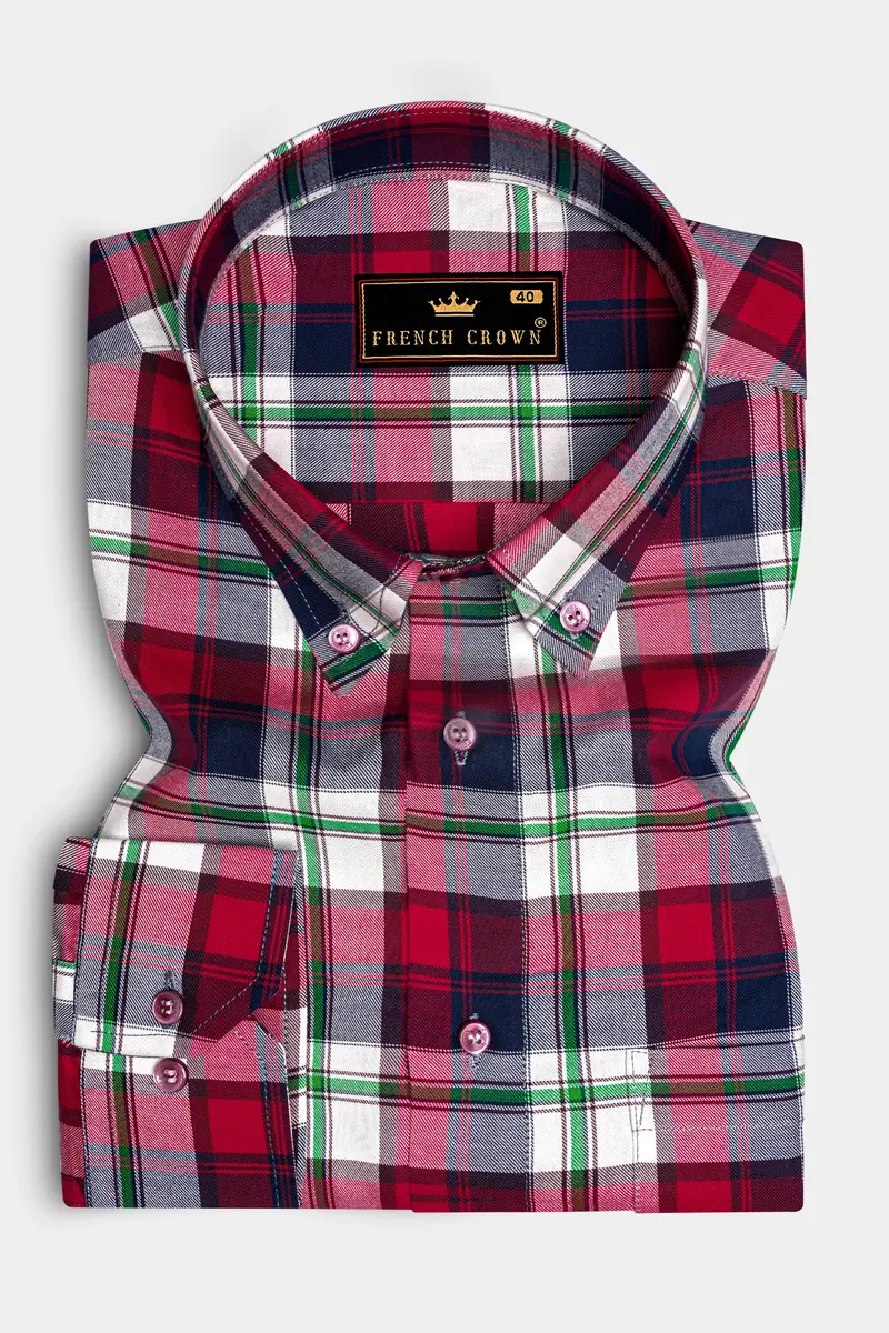 Bright White With Tamarillo Red And Caribbean Green Twill Windowpane Premium Cotton Shirt 4