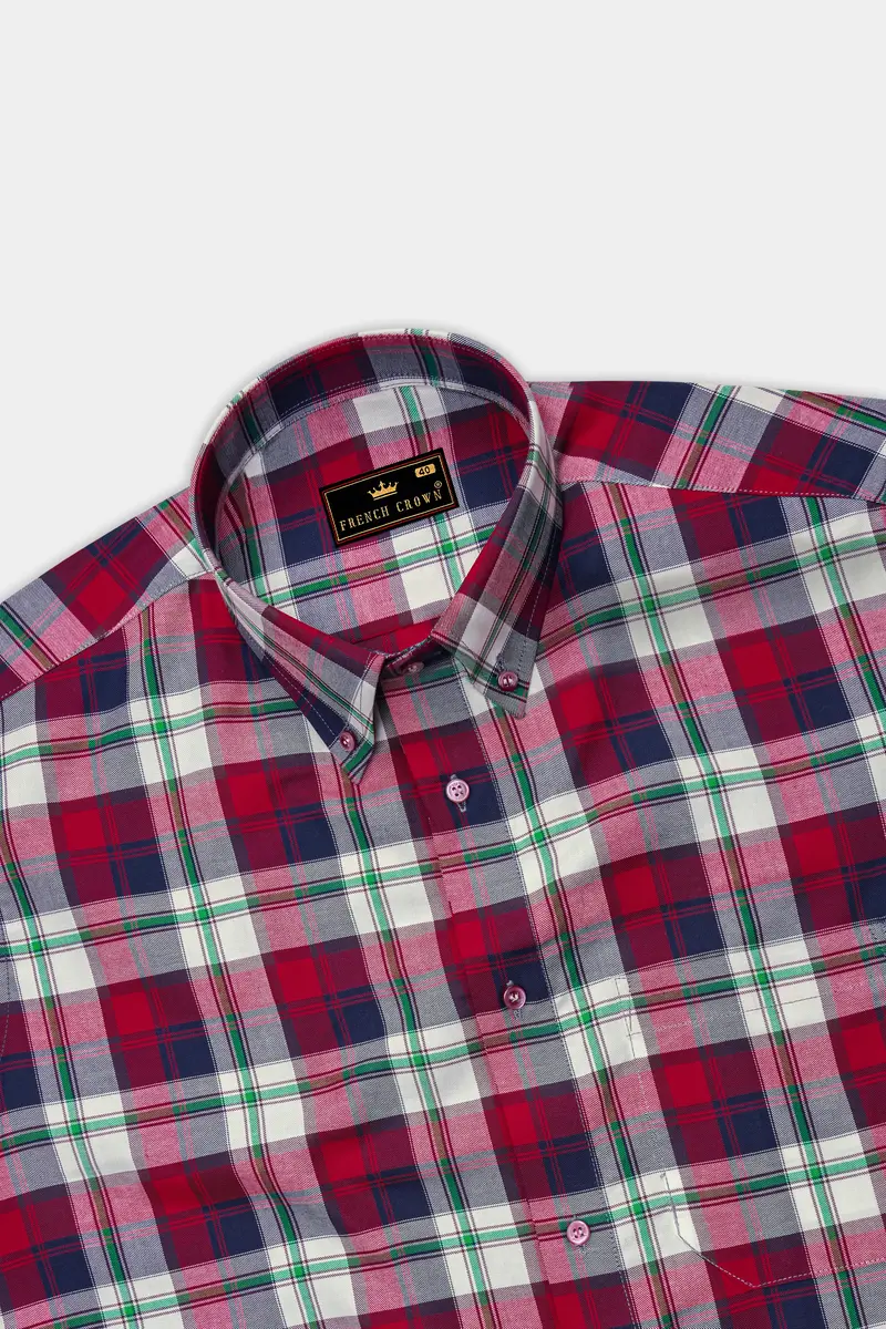 Bright White With Tamarillo Red And Caribbean Green Twill Windowpane Premium Cotton Shirt 5