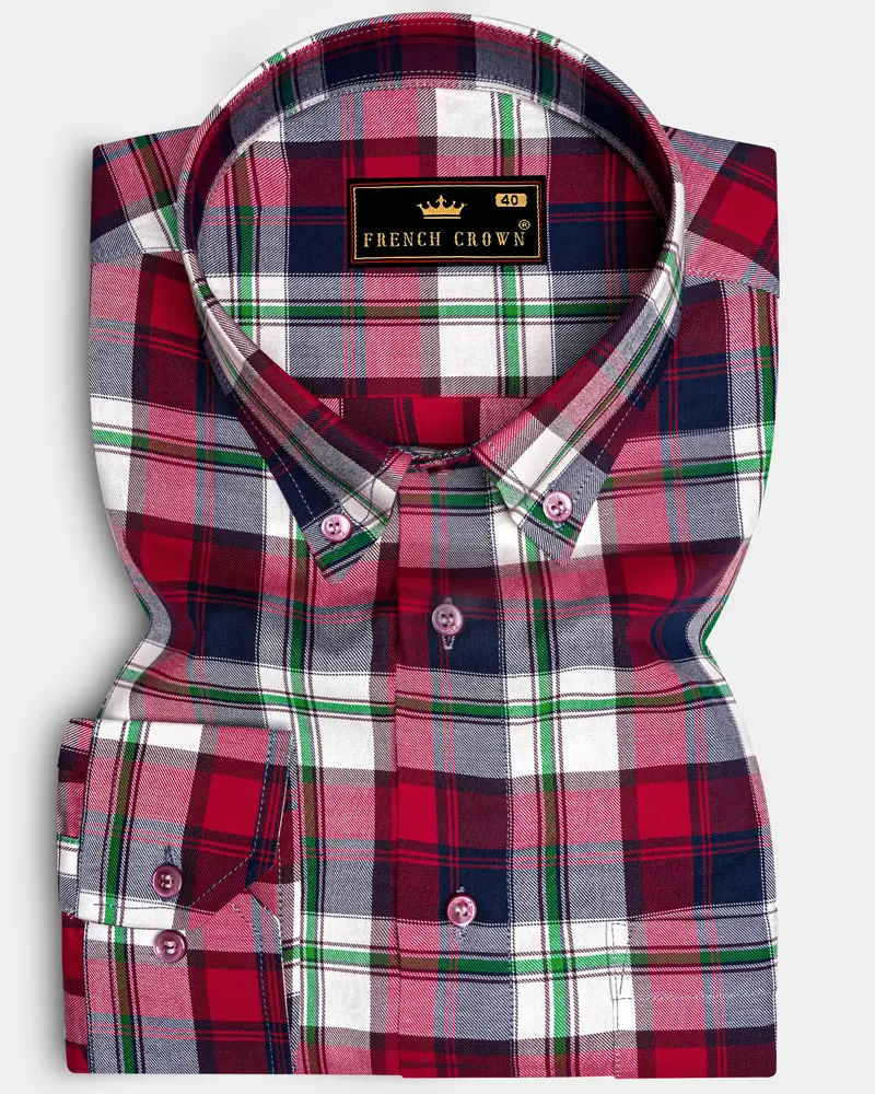 Bright White With Tamarillo Red And Caribbean Green Twill Windowpane Premium Cotton Shirt 6