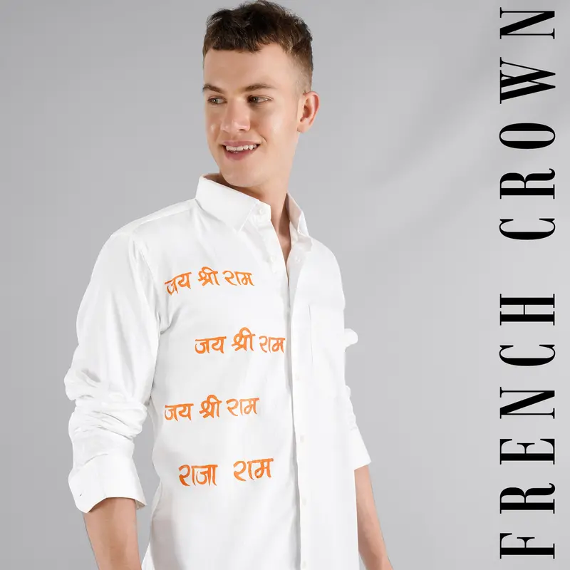Bright White With Tangerine Orange Jai Shree Ram Hand Painted Premium Cotton Designer Shirt 1