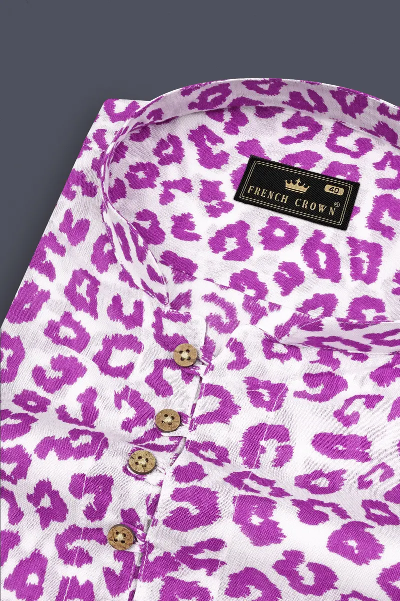 Bright White With Tapestry Pink Cheetah Printed Lightweight Premium Tencel Kurta Shirt 4