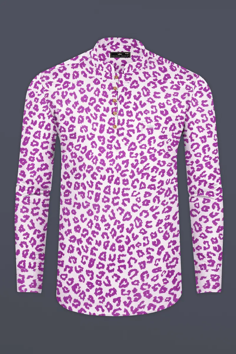 Bright White With Tapestry Pink Cheetah Printed Lightweight Premium Tencel Kurta Shirt 5