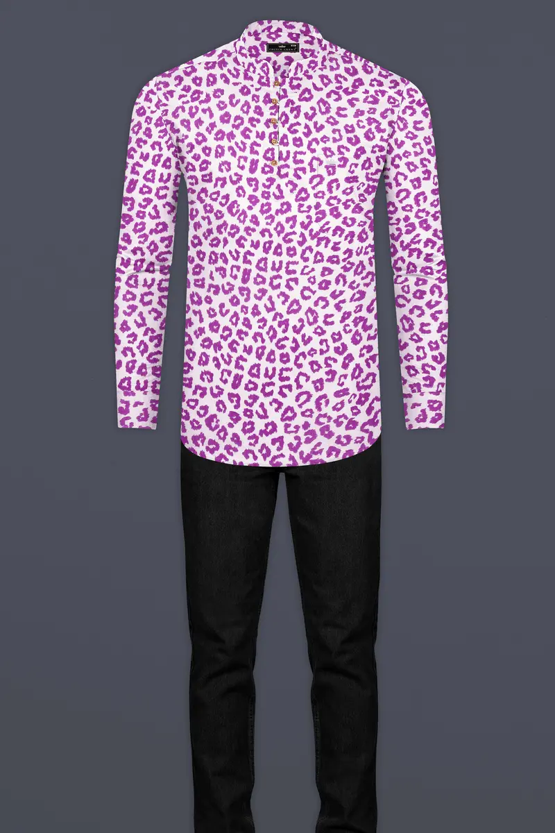 Bright White With Tapestry Pink Cheetah Printed Lightweight Premium Tencel Kurta Shirt 7