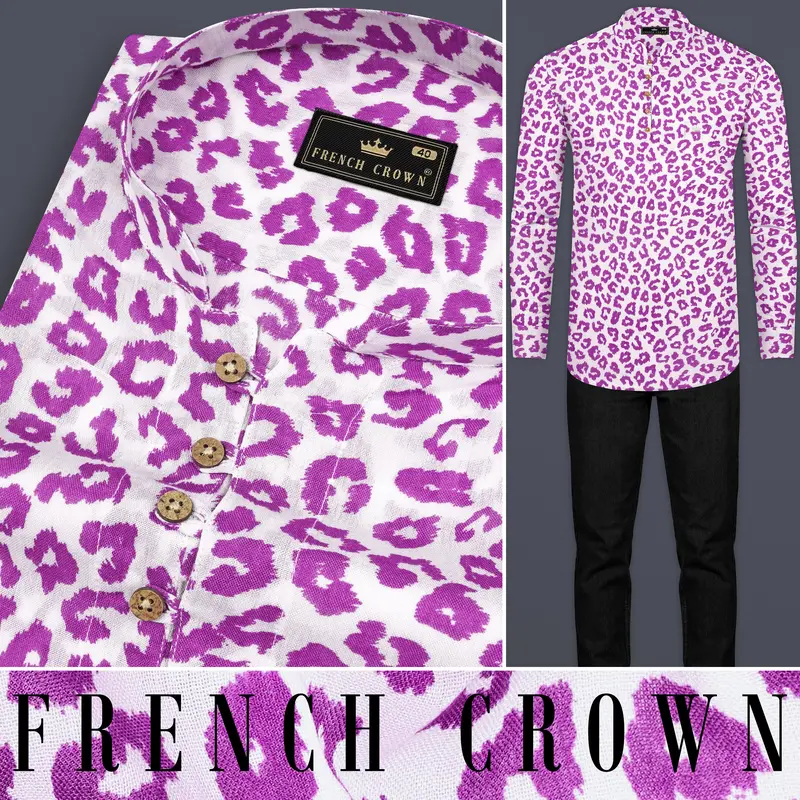 Bright White With Tapestry Pink Cheetah Printed Lightweight Premium Tencel Kurta Shirt 9