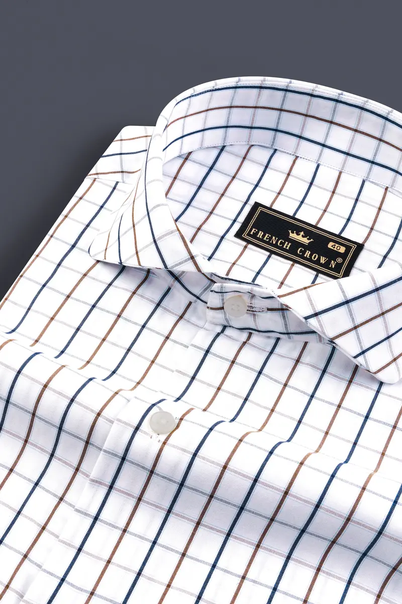 Bright White With Tealish Blue And Ironstone Brown Windowpane Giza Cotton Shirt 1