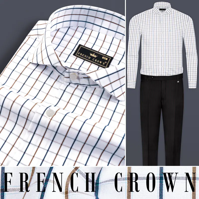 Bright White With Tealish Blue And Ironstone Brown Windowpane Giza Cotton Shirt 10