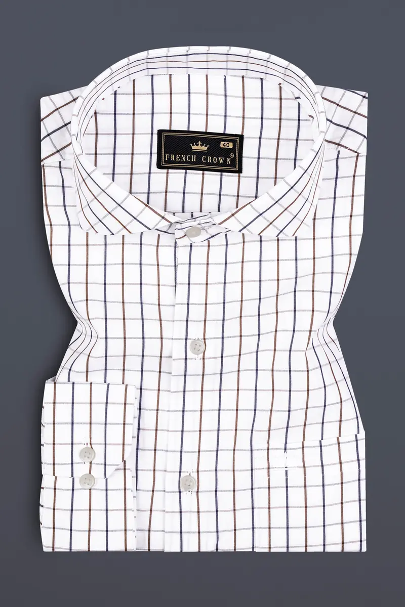 Bright White With Tealish Blue And Ironstone Brown Windowpane Giza Cotton Shirt 3