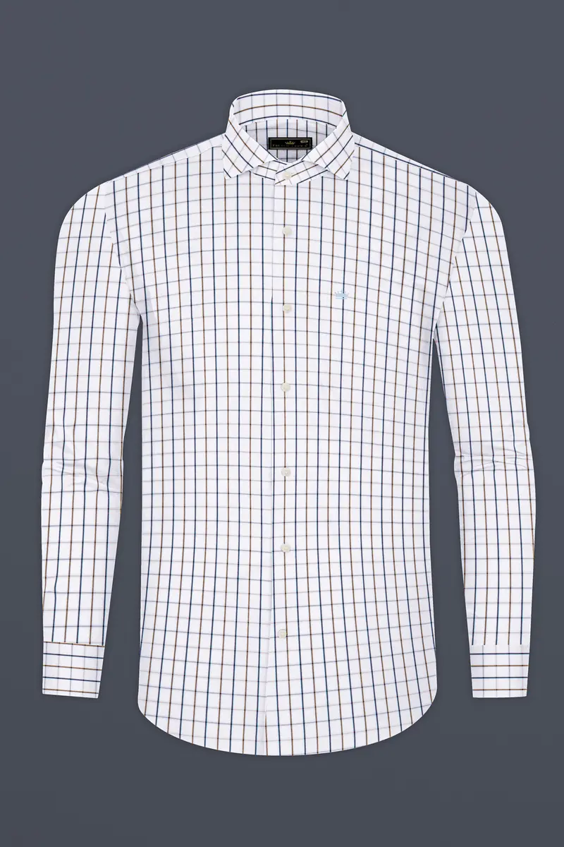Bright White With Tealish Blue And Ironstone Brown Windowpane Giza Cotton Shirt 4