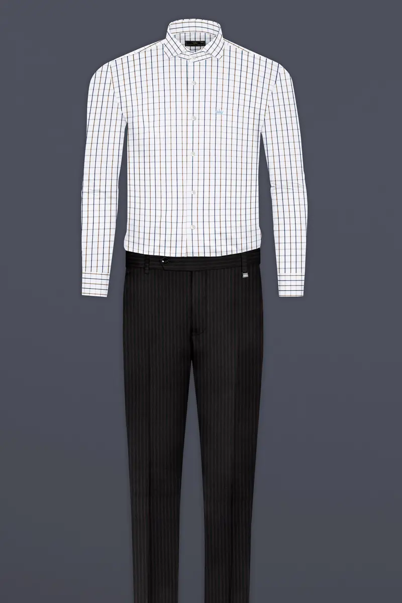 Bright White With Tealish Blue And Ironstone Brown Windowpane Giza Cotton Shirt 6
