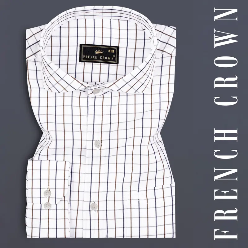 Bright White With Tealish Blue And Ironstone Brown Windowpane Giza Cotton Shirt 7