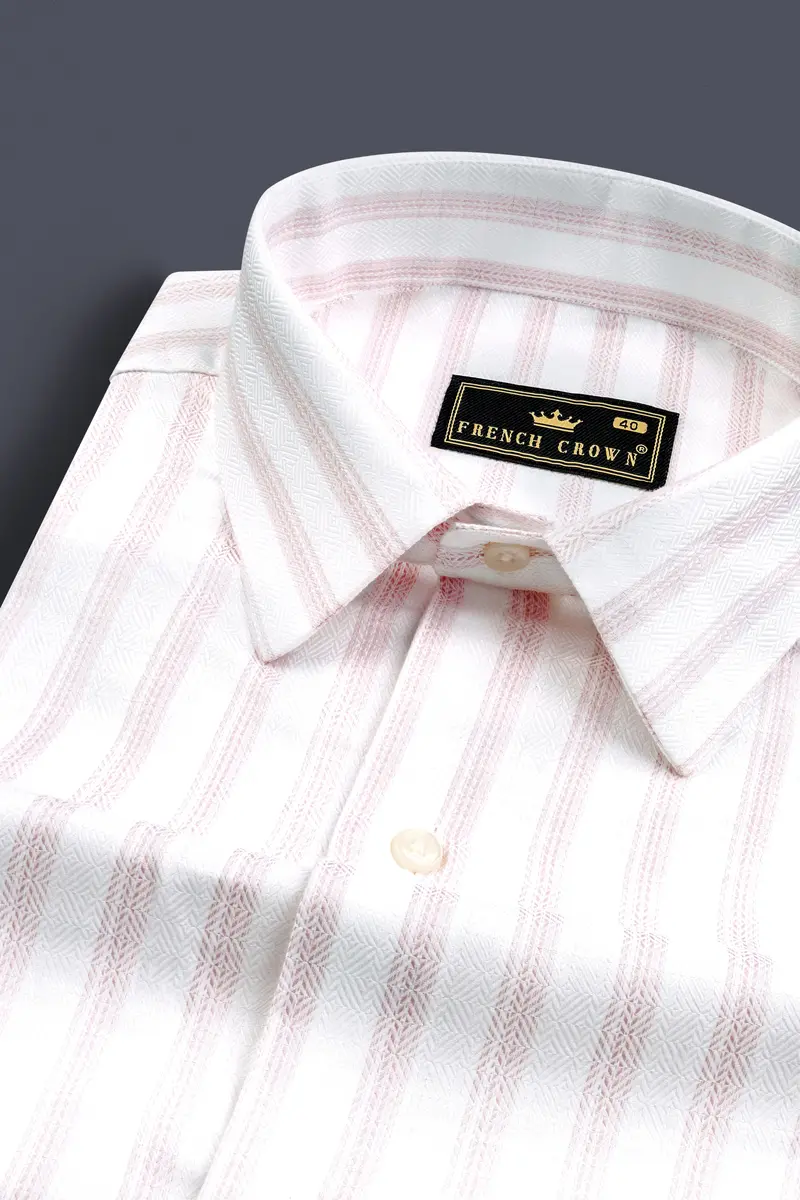 Bright White With Thistle Pink Striped Dobby Textured Premium Cotton Shirt 1