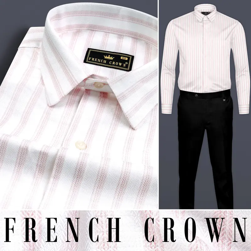 Bright White With Thistle Pink Striped Dobby Textured Premium Cotton Shirt 10