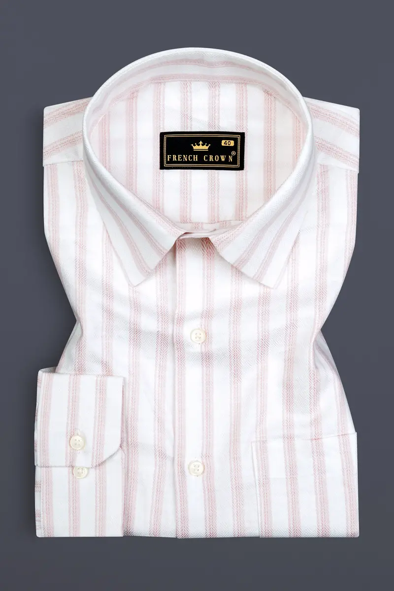 Bright White With Thistle Pink Striped Dobby Textured Premium Cotton Shirt 3