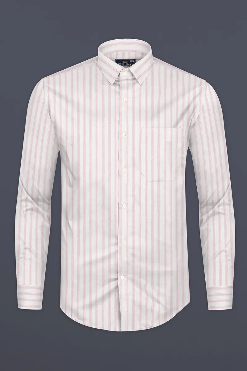 Bright White With Thistle Pink Striped Dobby Textured Premium Cotton Shirt 4