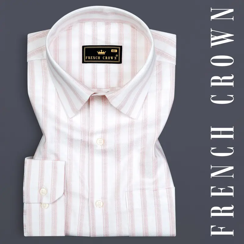 Bright White With Thistle Pink Striped Dobby Textured Premium Cotton Shirt 7