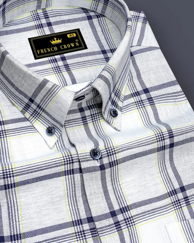 Bright White With Tolopea Blue Twill Windowpane Premium Cotton Shirt 1