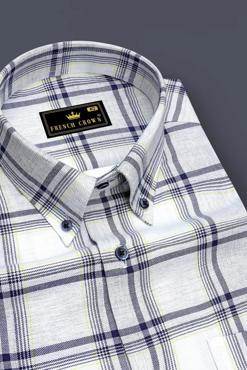 Bright White With Tolopea Blue Twill Windowpane Premium Cotton Shirt 2