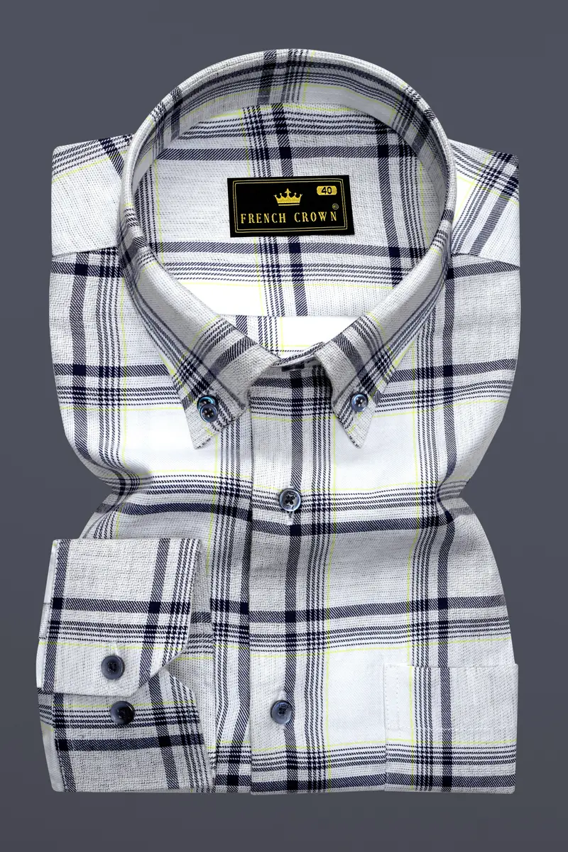 Bright White With Tolopea Blue Twill Windowpane Premium Cotton Shirt 4