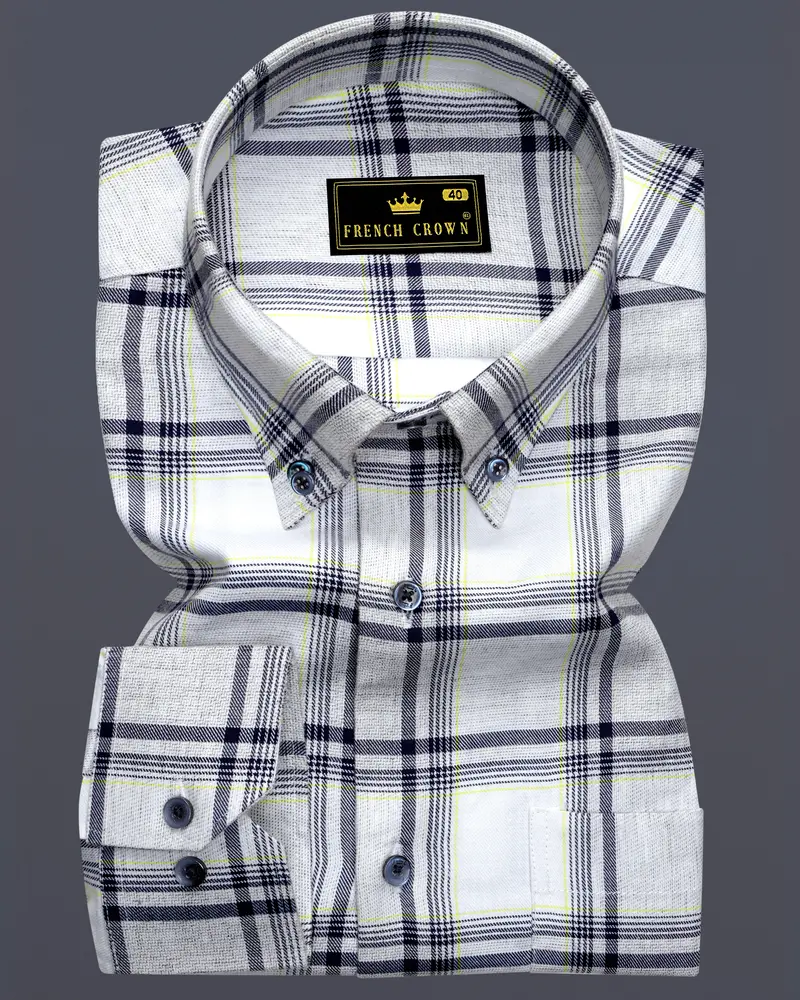 Bright White With Tolopea Blue Twill Windowpane Premium Cotton Shirt 6