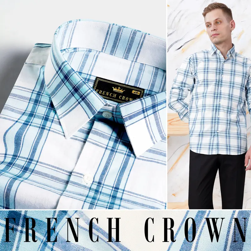 Bright White With Tufts Blue Plaid Premium Cotton Shirt 4