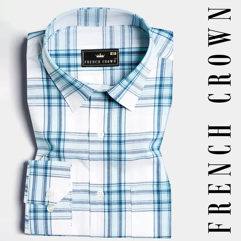 Bright White With Tufts Blue Plaid Premium Cotton Shirt 7
