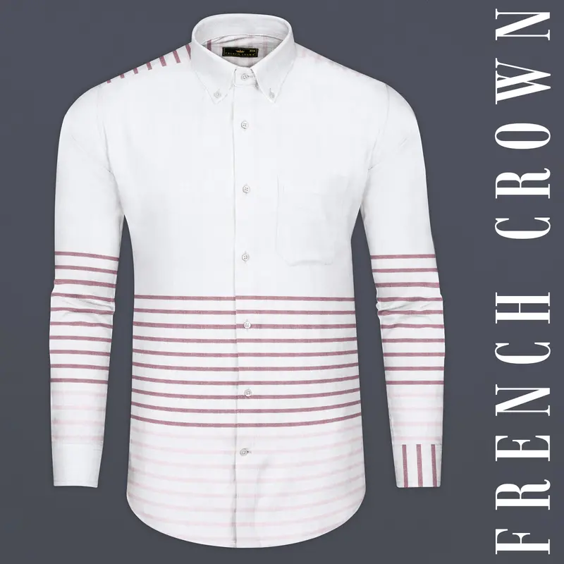 Bright White With Turkish Pink Horizontal Striped Oxford Cotton Shirt 1