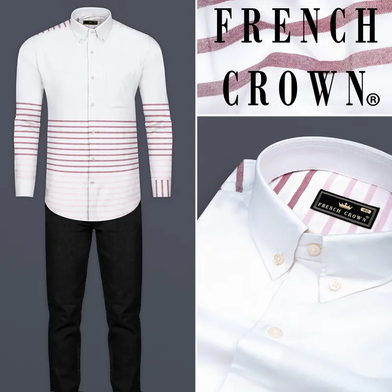 Bright White With Turkish Pink Horizontal Striped Oxford Cotton Shirt 10