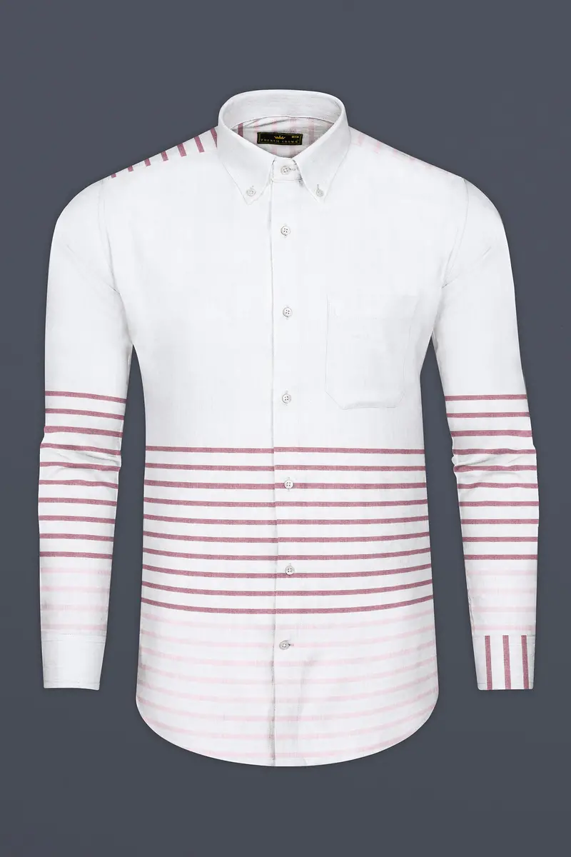 Bright White With Turkish Pink Horizontal Striped Oxford Cotton Shirt 2