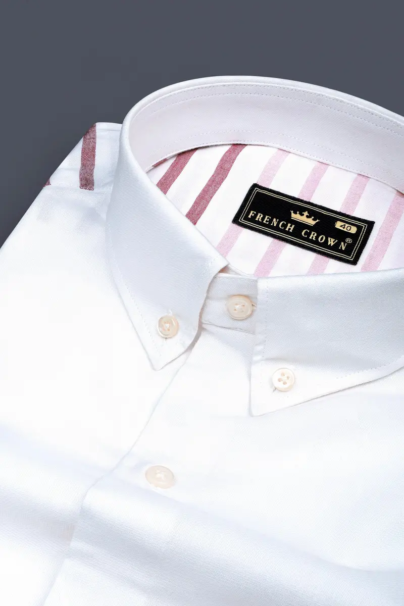 Bright White With Turkish Pink Horizontal Striped Oxford Cotton Shirt 4