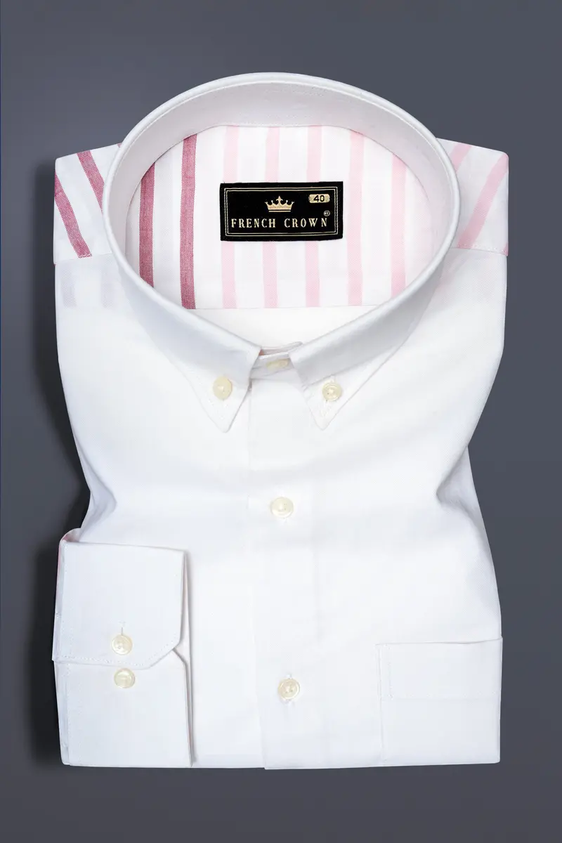 Bright White With Turkish Pink Horizontal Striped Oxford Cotton Shirt 5