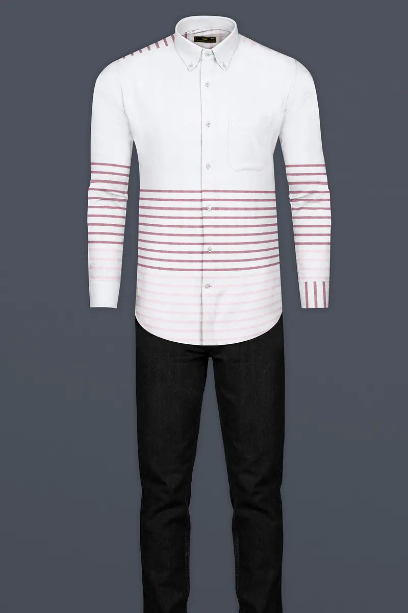 Bright White With Turkish Pink Horizontal Striped Oxford Cotton Shirt 7