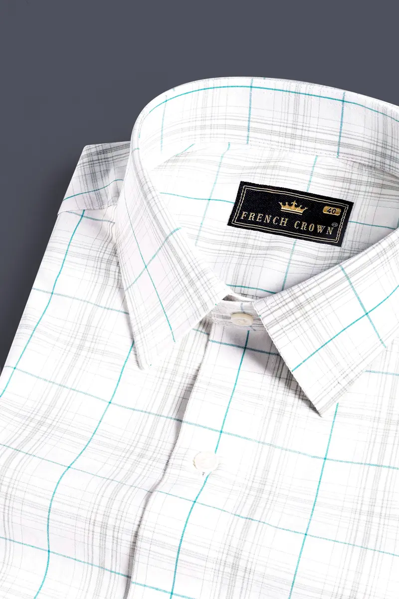 Bright White With Turquoise Blue And Foggy Gray Plaid Premium Cotton Shirt 1
