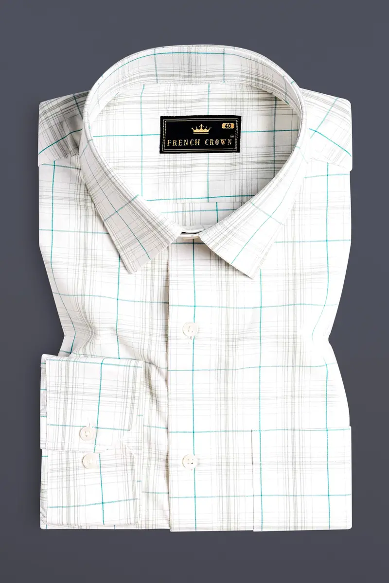 Bright White With Turquoise Blue And Foggy Gray Plaid Premium Cotton Shirt 3
