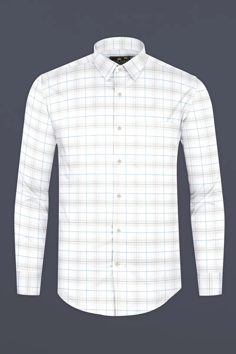 Bright White With Turquoise Blue And Foggy Gray Plaid Premium Cotton Shirt 4