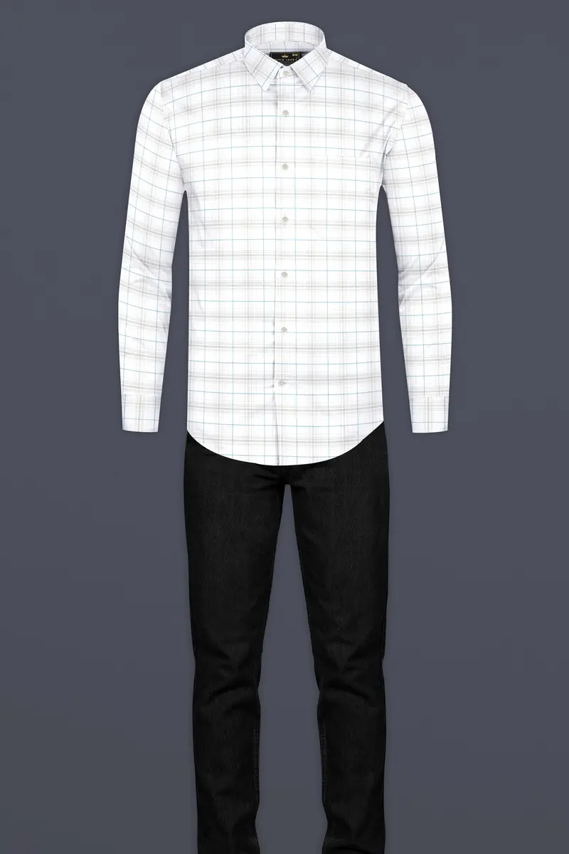 Bright White With Turquoise Blue And Foggy Gray Plaid Premium Cotton Shirt 6