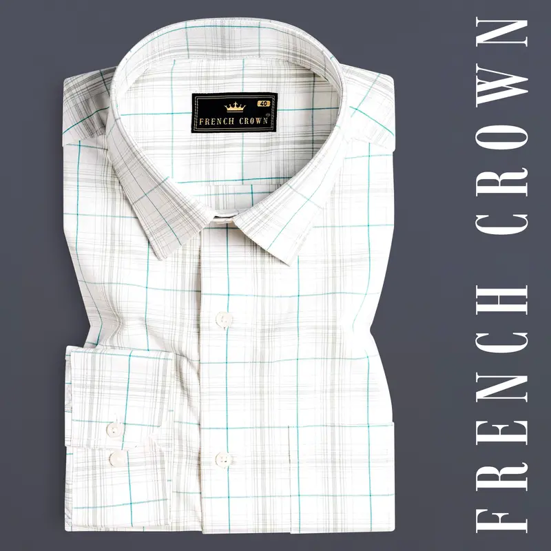 Bright White With Turquoise Blue And Foggy Gray Plaid Premium Cotton Shirt 7