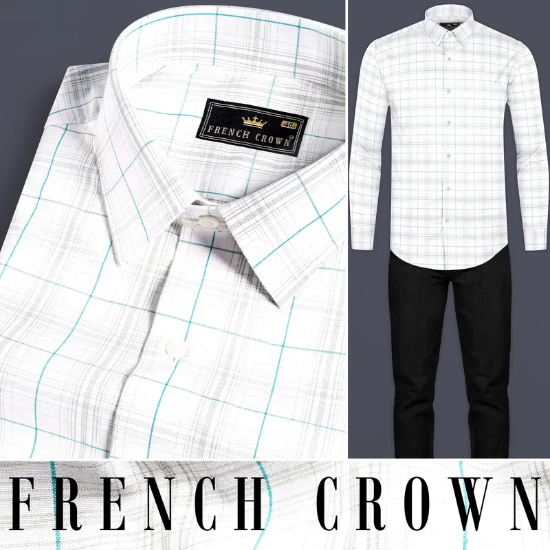 Bright White With Turquoise Blue And Foggy Gray Plaid Premium Cotton Shirt 8