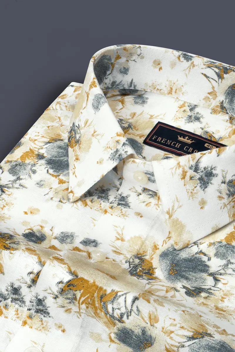 Bright White With Tussock Brown Flower Printed Chambray Premium Giza Cotton Shirt 1