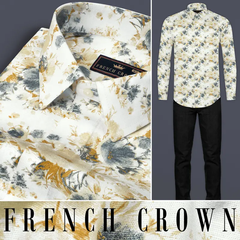 Bright White With Tussock Brown Flower Printed Chambray Premium Giza Cotton Shirt 10