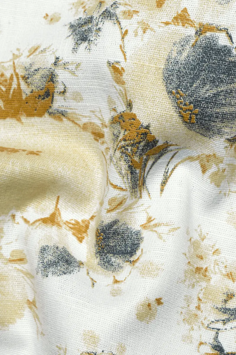 Bright White With Tussock Brown Flower Printed Chambray Premium Giza Cotton Shirt 2