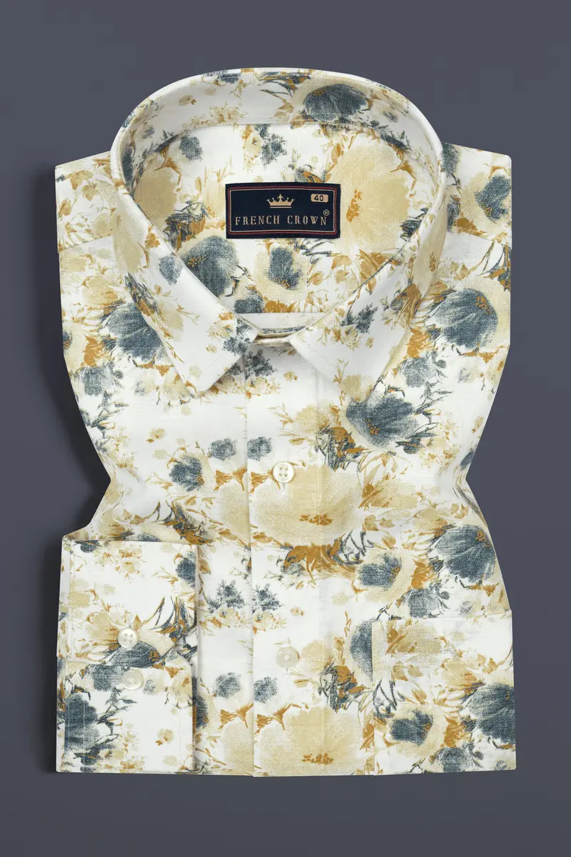 Bright White With Tussock Brown Flower Printed Chambray Premium Giza Cotton Shirt 3