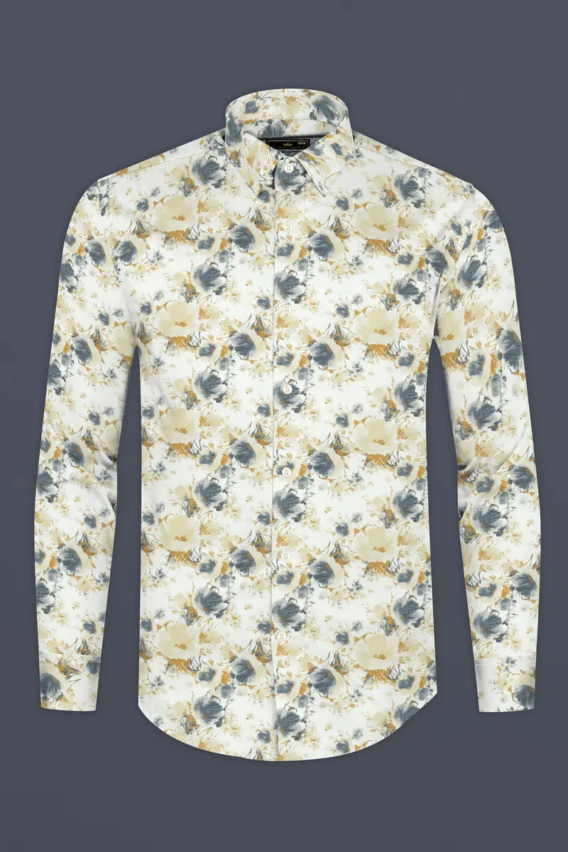 Bright White With Tussock Brown Flower Printed Chambray Premium Giza Cotton Shirt 4