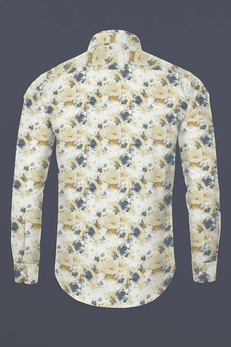 Bright White With Tussock Brown Flower Printed Chambray Premium Giza Cotton Shirt 5