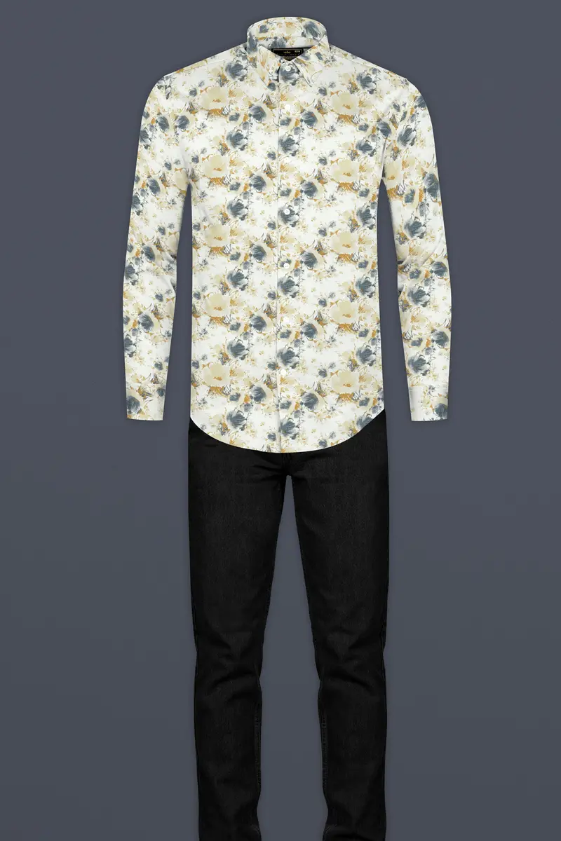 Bright White With Tussock Brown Flower Printed Chambray Premium Giza Cotton Shirt 6