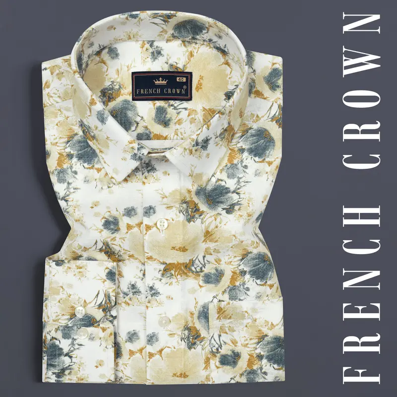 Bright White With Tussock Brown Flower Printed Chambray Premium Giza Cotton Shirt 7