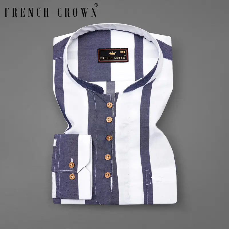 Bright White With Vampire Blue Striped Royal Oxford Kurta Shirt 1