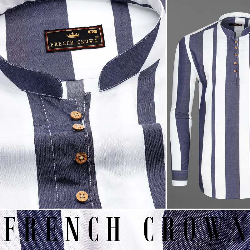 Bright White With Vampire Blue Striped Royal Oxford Kurta Shirt 10