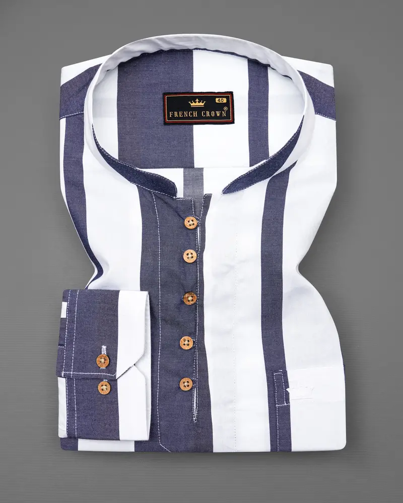 Bright White With Vampire Blue Striped Royal Oxford Kurta Shirt 2