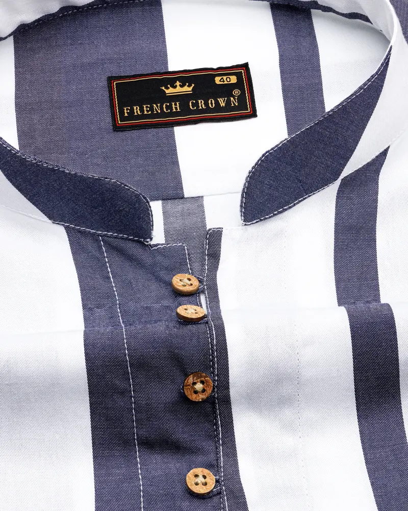 Bright White With Vampire Blue Striped Royal Oxford Kurta Shirt 4
