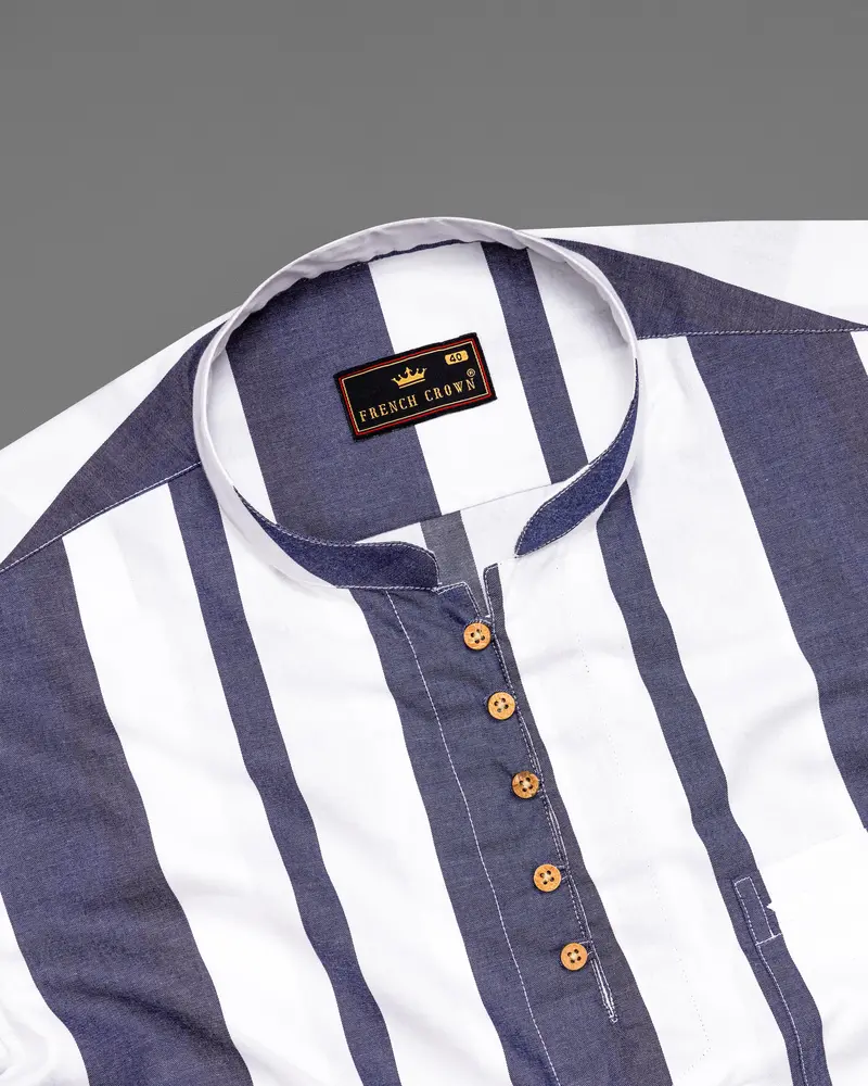 Bright White With Vampire Blue Striped Royal Oxford Kurta Shirt 5